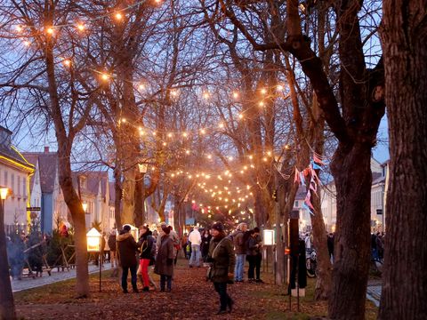 In Altkötzschenbroda findet der jährliche Weihnachtsmarkt statt. Menschen genießen Lichterglanz und Budenzauber. 