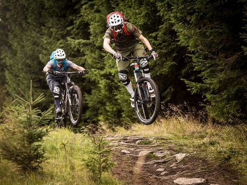 Zwei Mountainbiker machen einen kleinen Sprung mit dem Mountainbike, dahinter ist Wald. Sie sind im Trailcenter Rabenberg.