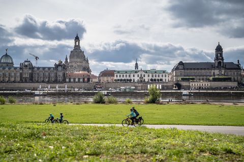 Radfahrer fahren auf dem Elberadweg an der Dresdner Altstadt vorbei.